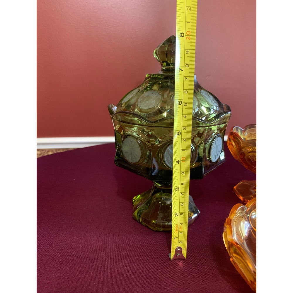Fostoria Coin Glass Set Green Amber Vintage Retro Y2K Mid Century Rare 3pc - Picture 5 of 11